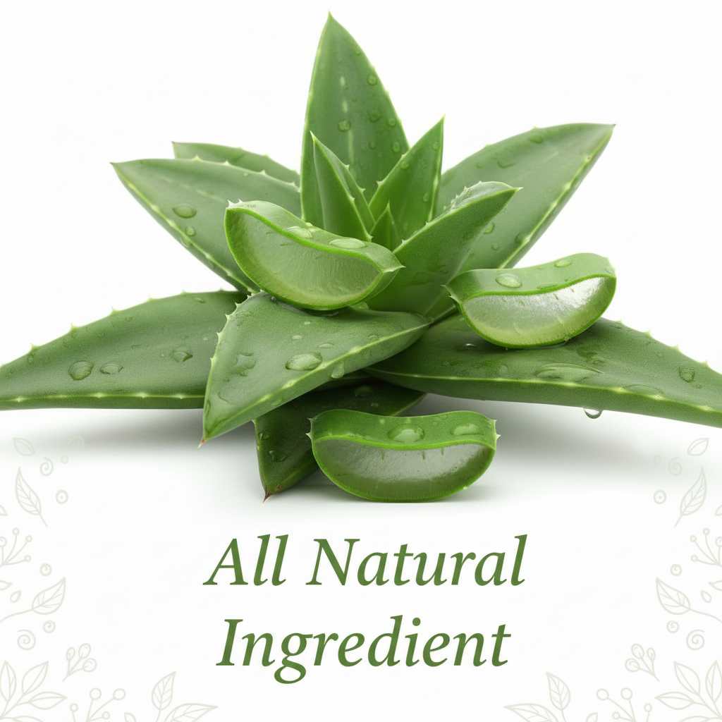 Fresh aloe vera plant with the text All Natural Ingredient